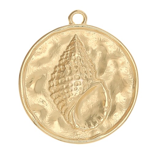 Pendentif rond martelé motif coquillage 24x22 mm - Doré à l'or fin x1