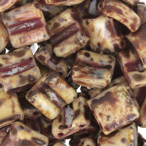 Perles en verre Fixer 2 trous 8x8 mm - Opaque White Dark Travertin x10g