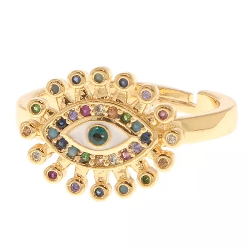 Bague réglable - motif oeil avec Oxydes de Zirconium Doré - Blanc - Multicolore x1