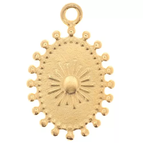 Breloque ovale motif soleil 19x15 mm - Doré à l'or fin x1
