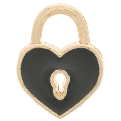 Breloque cadenas coeur 15x12 mm avec résine époxy - Doré - Noir x1