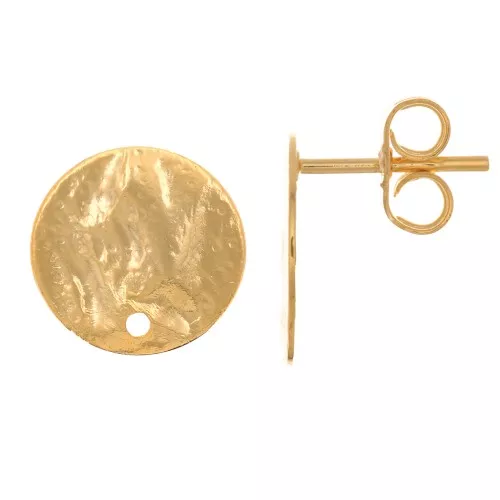 Clous d'oreilles disque martelé avec un trou - 12 mm - Doré à l'or fin x2