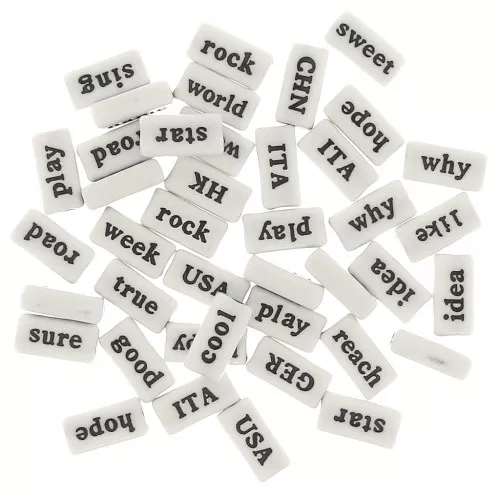 Assortiment de 60 perles rectangles mots - aléatoires - 15x7.5 mm Blanc - Noir
