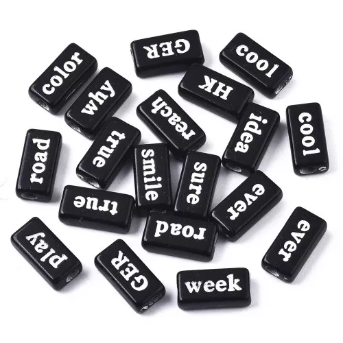 Assortiment de 60 perles rectangles mots - aléatoires - 15x7.5 mm Noir - Blanc