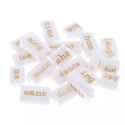 Assortiment de 30 perles rectangles mots - aléatoires - Blanc - Doré