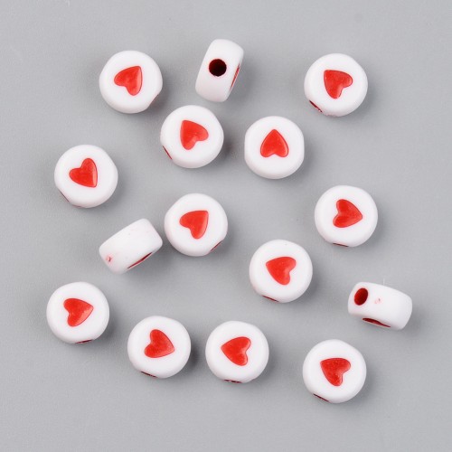 Assortiment de 20 perles plates - coeurs - 7 mm - Blanc - Rouge