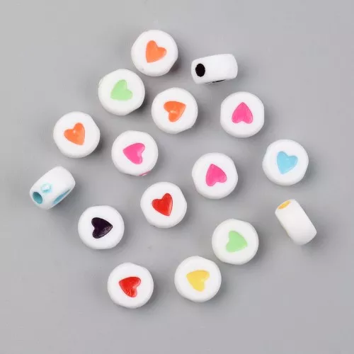 Assortiment de 20 perles plates - coeurs - 7 mm - Blanc - Multicolore