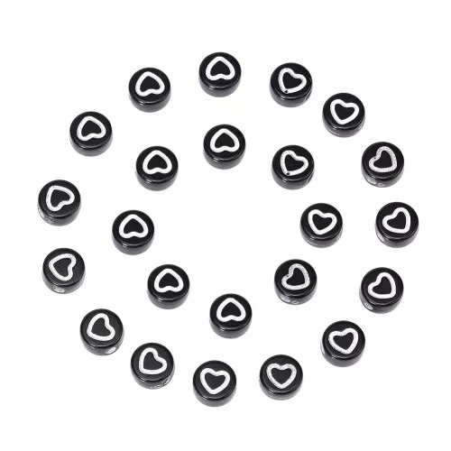 Assortiment de 20 perles plates - coeurs - 7 mm - Noir - Blanc