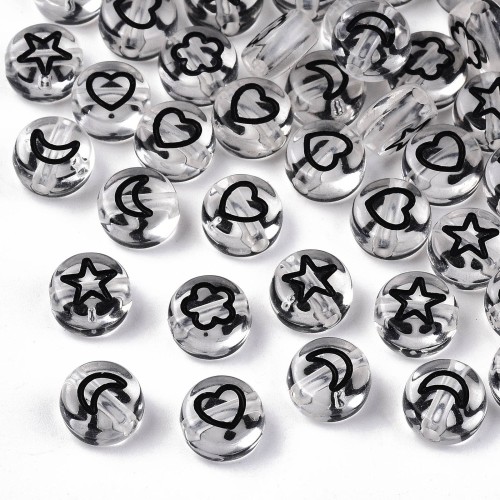 Assortiment 50 perles plates - fleurs étoiles & coeurs 7mm - Transparent - Noir