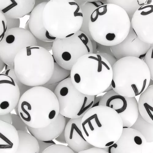 Assortiment de 200 perles lettres rondes alphabet 8 mm - Blanc - Noir
