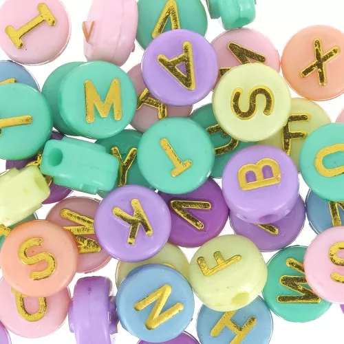 Assortiment 200 perles plates - lettres alphabet en relief 10mm Pastel Doré