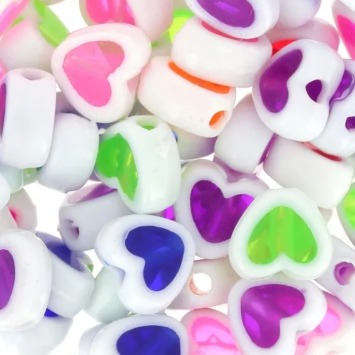 Assortiment de 50 perles plates coeurs - 8 mm - Blanc - Multicolore