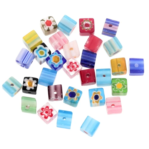 Perles cubes en verre Millefiori 6 mm Multicolore x30