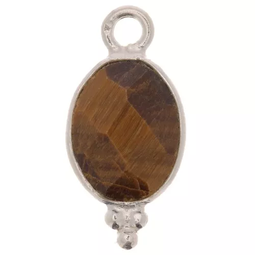 Breloque ovale facettée avec petites boules 14x7 mm - Argent 925 - Oeil de tigre