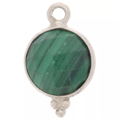 Breloque ronde facettée avec petites boules 9mm - Argent 925 - Malachite x1