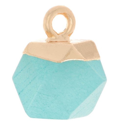 Breloque cube facetté 12x11mm imitation pierre gemme Jade teinté - Bleu - Doré x1