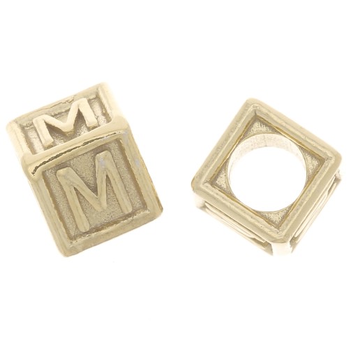 Perle lettre alphabet cube 5 mm avec gros trou - M - Argent 925 Doré à l'or fin x1