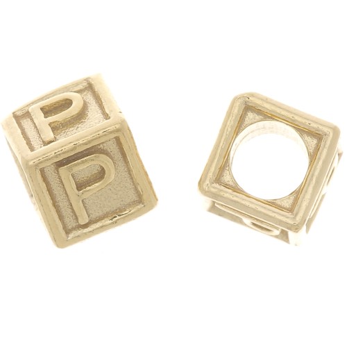 Perle lettre alphabet cube 5 mm avec gros trou - P - Argent 925 Doré à l'or fin x1