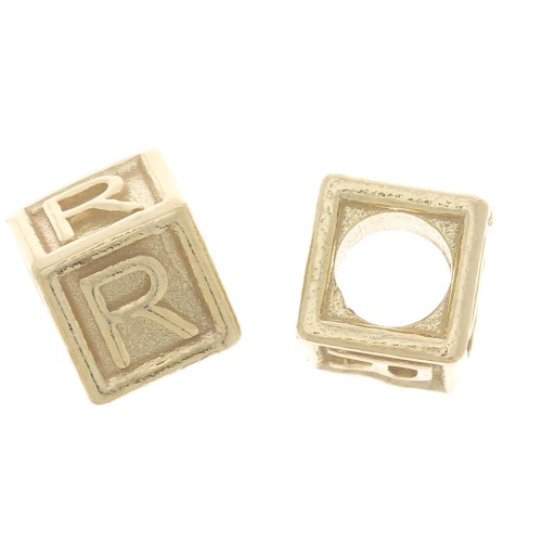 Perle lettre alphabet cube 5 mm avec gros trou - R - Argent 925 Doré à l'or fin x1