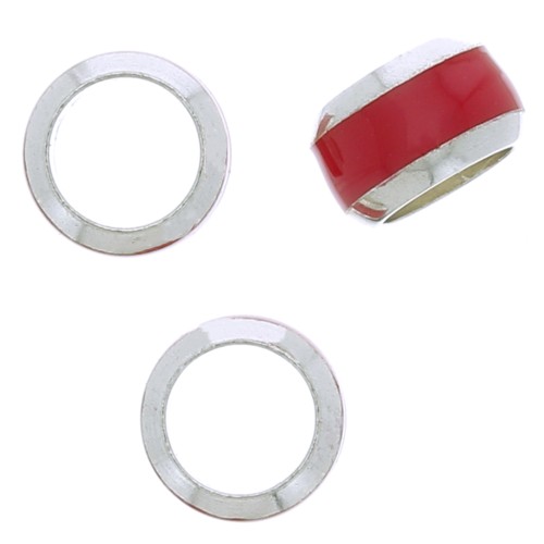 Perle rondelle 6x3.8 mm gros trou avec liseré de couleur - Argent 925 - Rouge x1