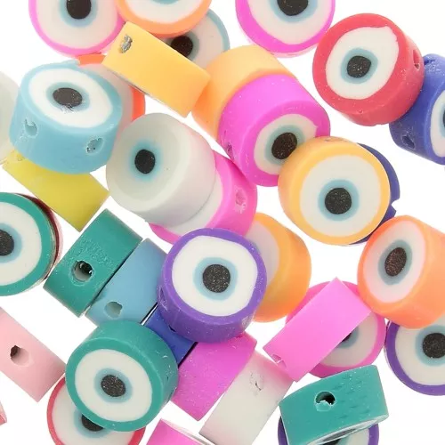 Assortiment perles rondes - oeil porte bonheur - pâte polymère 9mm Multicolore x50