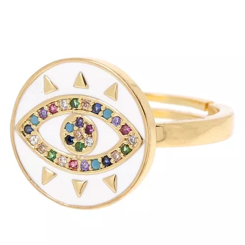 Bague ronde réglable motif oeil - Oxydes de Zirconium -Doré -Blanc -Multicolore x1