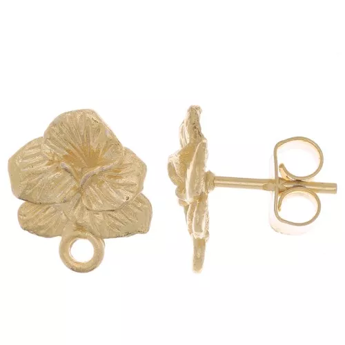 Clous d'oreilles fleur violette 12x9 mm - avec anneau fermé - Doré à l'or fin x2