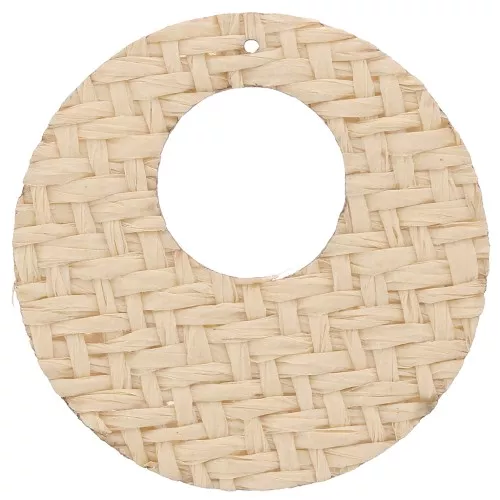 Pendentif rond et plat en raphia tressé 40 mm - Beige x1
