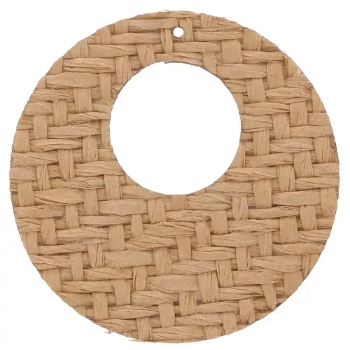 Pendentif rond et plat en raphia tressé 40 mm - Marron clair x1