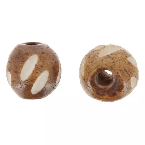 Perles rondes en os gravé 11 mm - Marron clair - Blanc x10