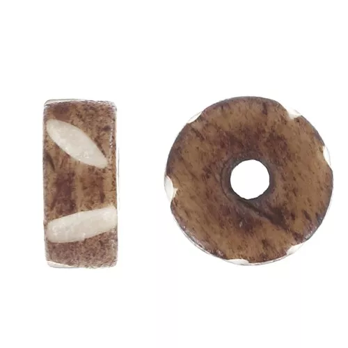 Perles rondelles heishi en os gravé 11x5 mm - Marron clair - Blanc x10