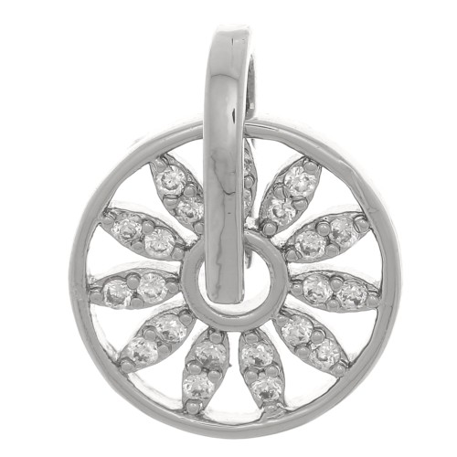 Pendentif rond fleur ajourée 14x11.5 mm avec oxydes de Zirconium - Rhodié - Crystal x1