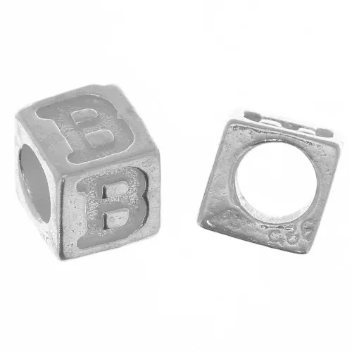 Perle lettre alphabet cube 5 mm avec gros trou - B - Argent 925 x1
