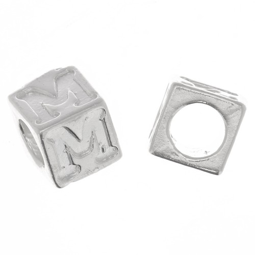 Perle lettre alphabet cube 5 mm avec gros trou - M - Argent 925 x1