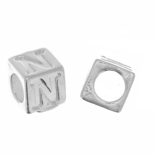 Perle lettre alphabet cube 5 mm avec gros trou - N - Argent 925 x1