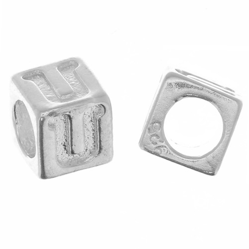 Perle lettre alphabet cube 5 mm avec gros trou - U - Argent 925 x1