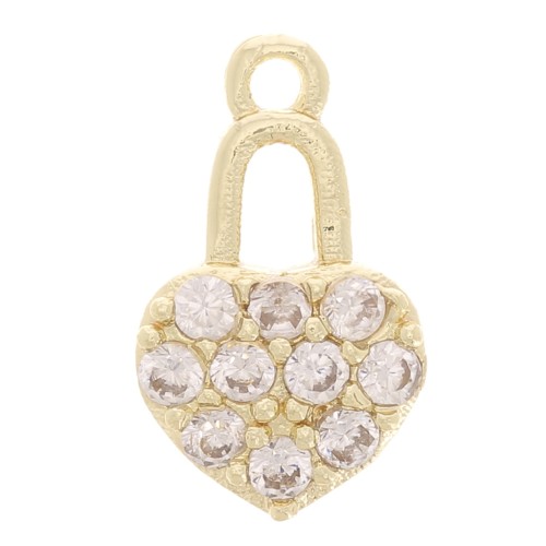 Breloque cadenas coeur avec oxydes de Zirconium 11x7 mm - Doré - Crystal x1