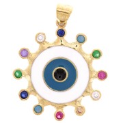 Pendentif oeil bleu avec oxydes de Zirconium et résine époxy 22mm - Doré - Blanc x1