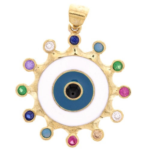 Pendentif oeil bleu avec oxydes de Zirconium et résine époxy 22mm - Doré - Blanc x1