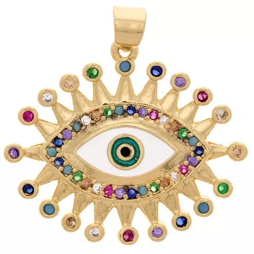 Pendentif oeil avec oxydes de Zirconium et résine époxy 23x27 mm - Doré - Multicolore x1