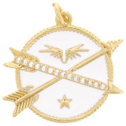 Pendentif rond et flèches avec oxydes de Zirconium et résine époxy 23 mm - Doré - Blanc x1