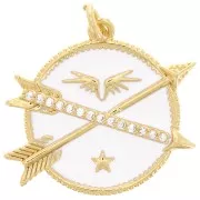 Pendentif rond et flèches avec oxydes de Zirconium et résine époxy 23 mm - Doré - Blanc x1