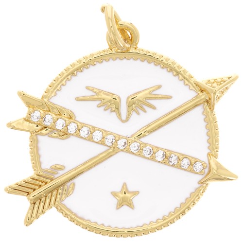 Pendentif rond et flèches avec oxydes de Zirconium et résine époxy 23 mm - Doré - Blanc x1