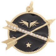 Pendentif rond et flèches avec oxydes de Zirconium et résine époxy 23 mm - Doré - Noir x1