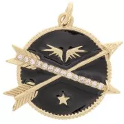 Pendentif rond et flèches avec oxydes de Zirconium  et résine époxy 23 mm - Doré - Noir x1