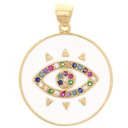 Pendentif rond avec oxydes de Zirconium  & résine époxy 21 mm - motif oeil - Doré - Blanc x1