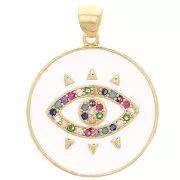 Pendentif rond avec oxydes de Zirconium  & résine époxy 21 mm - motif oeil - Doré - Blanc x1