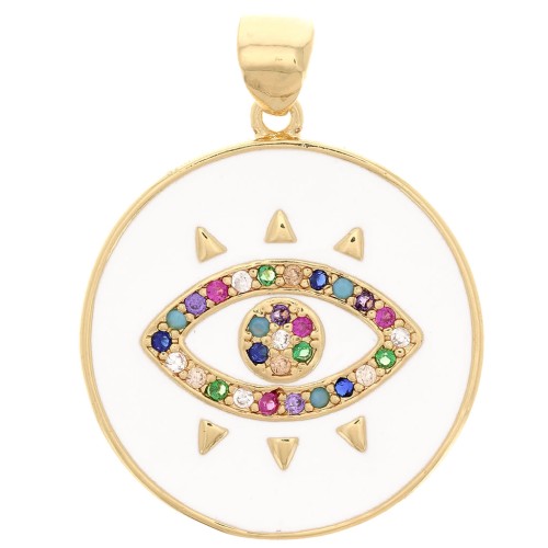 Pendentif rond avec oxydes de Zirconium  & résine époxy 21 mm - motif oeil - Doré - Blanc x1