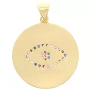 Pendentif rond avec oxydes de Zirconium  & résine époxy 21 mm - motif oeil - Doré - Blanc x1