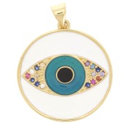Pendentif rond avec oxydes de Zirconium  & résine époxy 23 mm - motif oeil - Doré - Bleu x1|raw }}